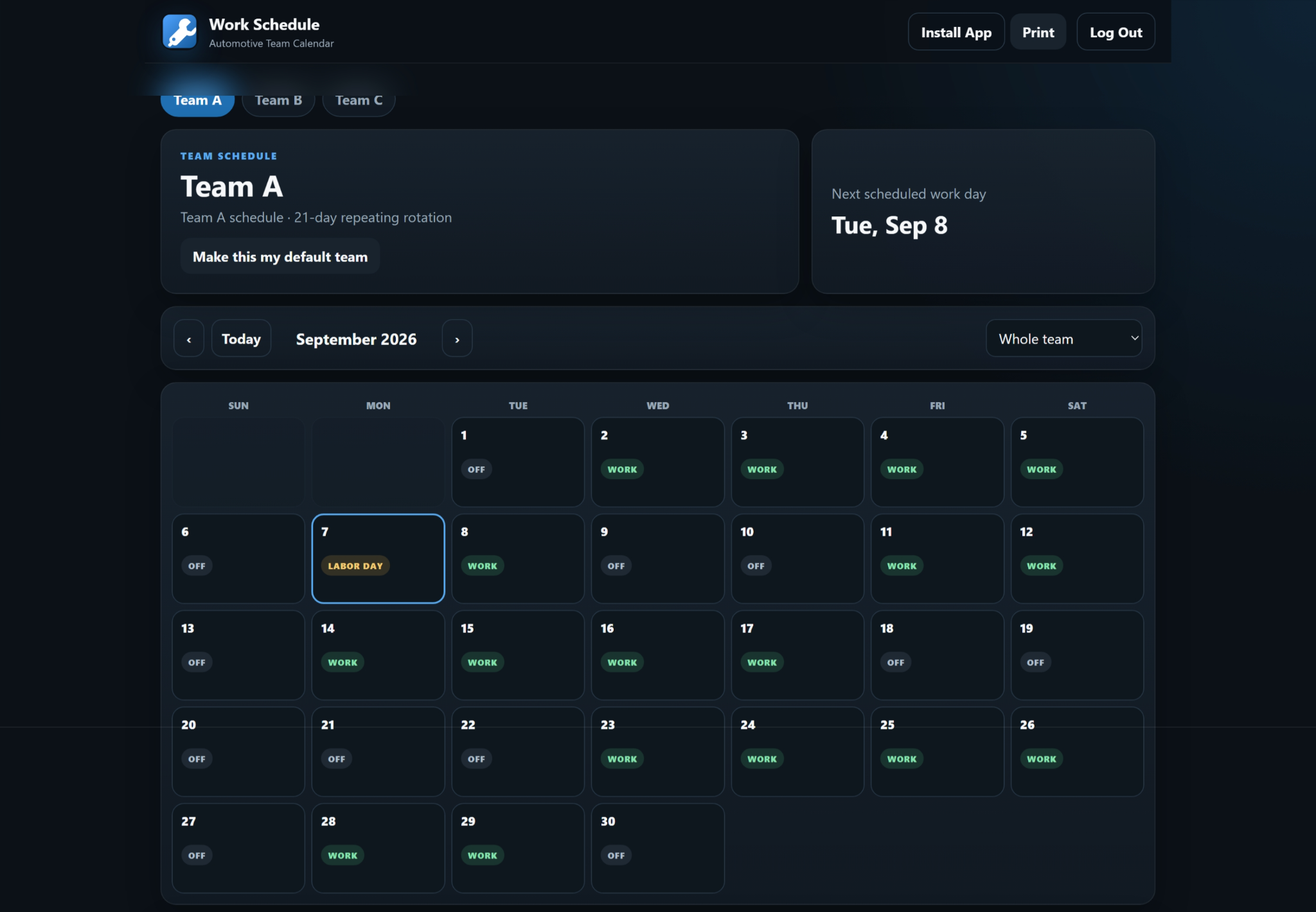 Desktop Work Schedule showing Team A and the Make this my default team control
